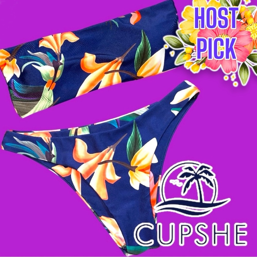 🎉HP!🎉CUPSHE “birds of paradise” bandeau strapless bikini set. Size Small 👙🌺